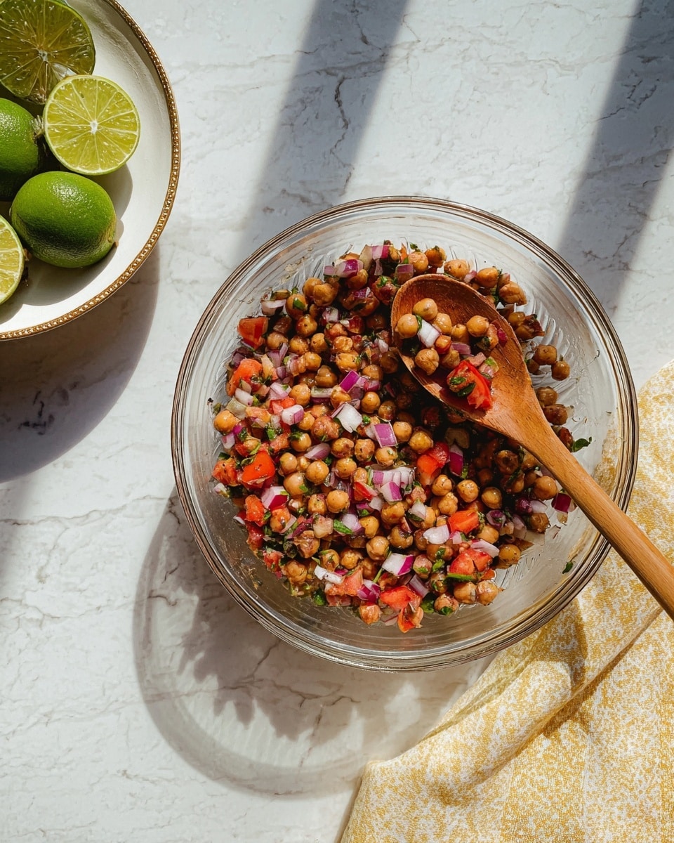 A clear glass bowl sits on a white marbled surface, filled with a mixture of brown chickpeas, chopped red tomatoes, small pieces of red onion, and green herbs, all mixed together to form a colorful, textured salad. A wooden spoon rests inside the bowl, holding some of the salad, showing the mix of ingredients clearly. To the upper left, a round white plate holds three cup halves of bright green lime. A light yellow cloth with a subtle pattern is partly visible at the bottom right. The scene is lit by bright sunlight casting soft shadows. Photo taken with an iphone --ar 4:5 --v 7