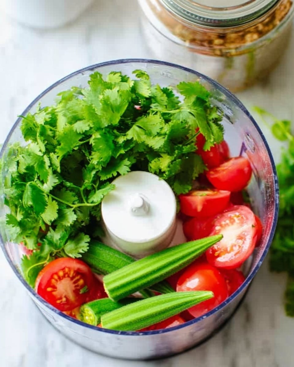The image shows a clear food processor bowl filled with fresh green cilantro leaves on top. Below the cilantro, there are bright red tomatoes and several green okra pods arranged around the center white plastic blade. The bowl is on a white marbled surface with a jar and white container blurred in the background. The colors of the vegetables are fresh and vibrant, with the green cilantro and okra contrasting with the red tomatoes. Photo taken with an iphone --ar 4:5 --v 7