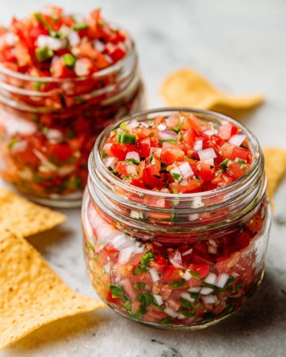 The image shows two clear glass jars filled with layers of fresh salsa. The bottom layer has finely chopped white onions mixed with small green bits of herbs. Above that is a thick layer of bright red diced tomatoes mixed evenly with more herbs and tiny pieces of jalapeño. The top layer is a colorful mix of red tomatoes, white onions, and green herbs giving a fresh and vibrant look. Each jar is open and placed on a white marbled surface with some yellow tortilla chips scattered nearby. The light creates a soft shine on the glass jars, enhancing the fresh look of the salsa. photo taken with an iphone --ar 4:5 --v 7
