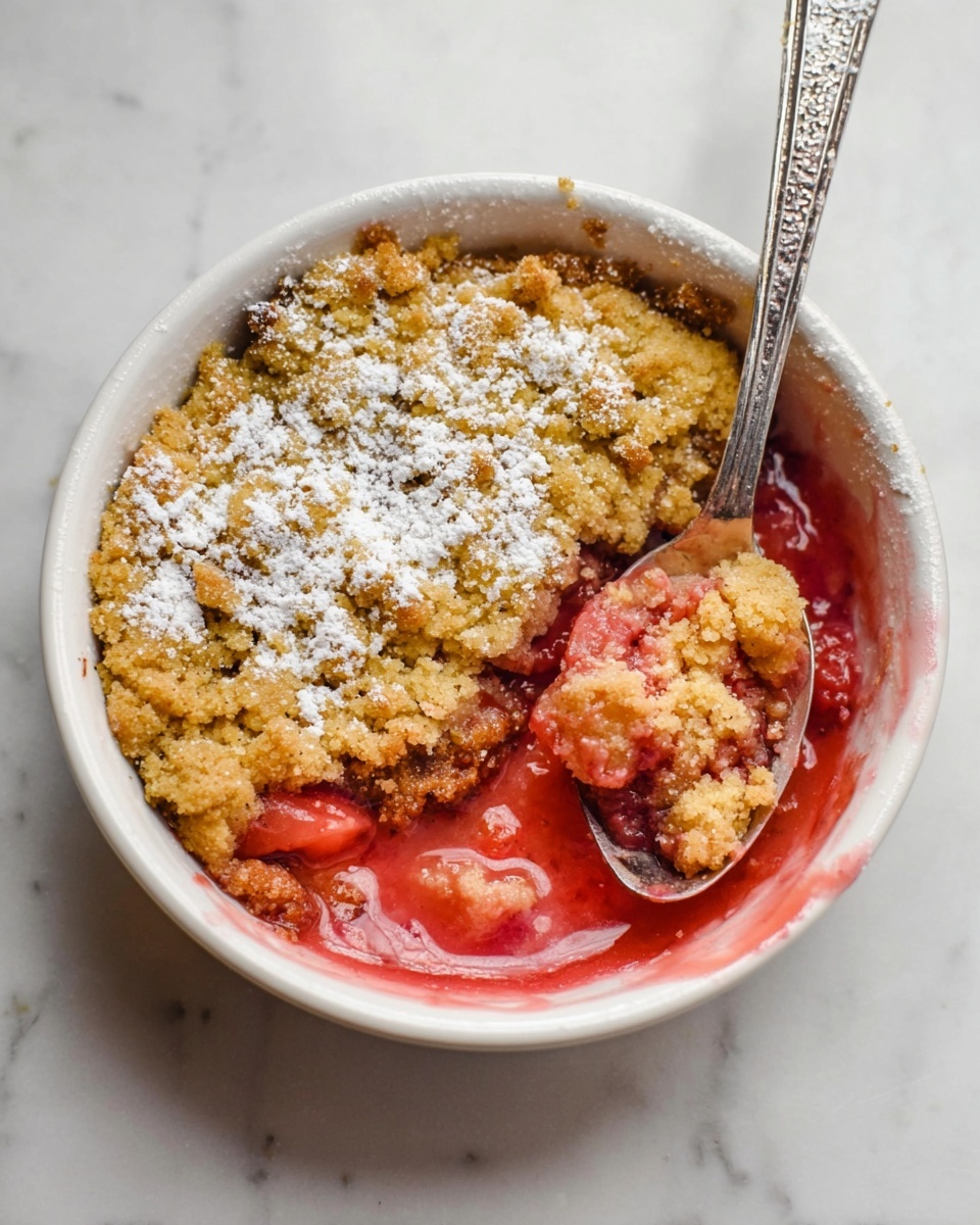 A white round bowl contains a dessert with two main layers. The bottom layer is a pinkish-red, smooth fruit filling with a shiny, slightly wet texture. The top layer is a golden brown crumbly topping dusted with white powdered sugar unevenly scattered. A silver spoon with a patterned handle rests inside the bowl, scooping a portion that shows the crumbly topping mixing with the fruit filling underneath. The bowl sits on a white marbled surface. Photo taken with an iphone --ar 4:5 --v 7