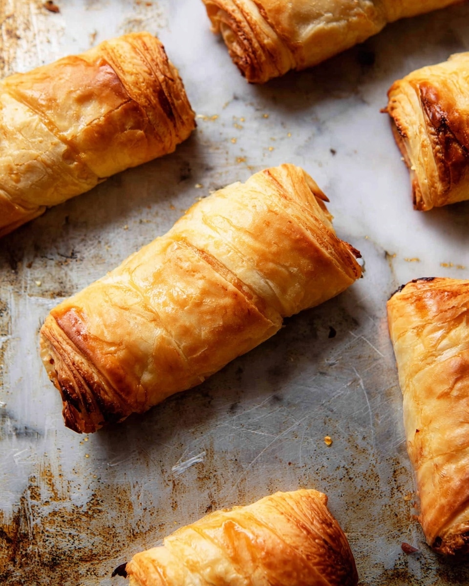 The image shows several golden brown rolls with a flaky and crispy texture. Each roll is wrapped in thin, layered dough that has a slightly uneven surface with some darker toasted edges, indicating they were baked. They are placed spaced apart on a metal baking sheet worn with marks and stains. The rolls are rectangular with folded ends, showing the layers of the dough clearly. The background is a white marbled texture. Photo taken with an iphone --ar 4:5 --v 7
