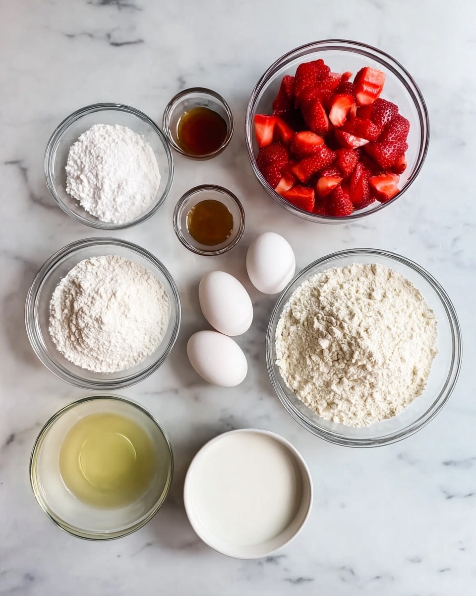 The image shows nine clear glass bowls and one white bowl arranged on a white marbled surface. The top right bowl holds many small red pieces of chopped strawberries. Below it, a large bowl is filled with white flour that has a slightly rough texture. To the left of the flour bowl, a small bowl contains white powder, likely baking powder and salt. Above that, another small bowl holds a slightly cracked white powder, probably cornstarch or flour. Above that, a very small bowl contains a small amount of brown liquid, possibly vanilla extract. To the left of this, a larger bowl holds white granulated sugar. Below the sugar bowl, two white eggs sit in a clear bowl. In the middle of the arrangement, a bowl contains a clear yellow liquid, likely oil. Finally, at the bottom right, a simple white bowl holds a small amount of white or light cream liquid. All bowls are neatly spaced on the white marbled surface. photo taken with an iphone --ar 4:5 --v 7