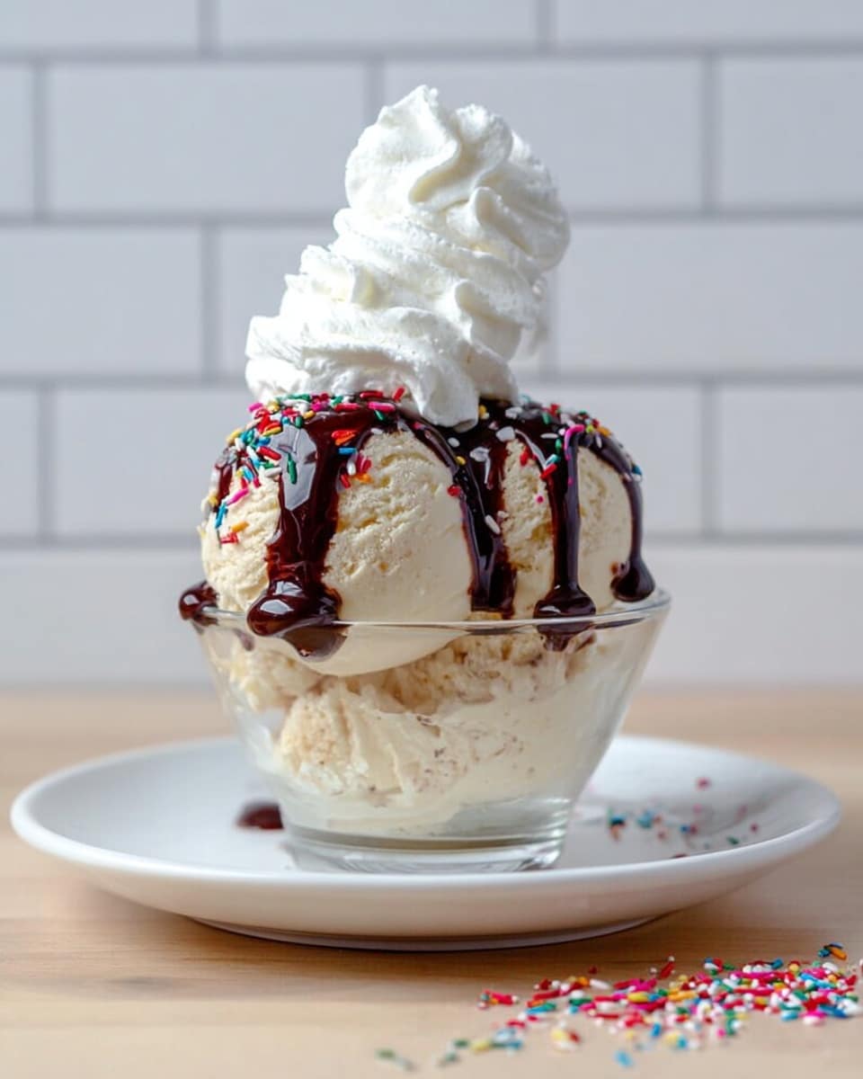 A small clear glass bowl filled with three large scoops of pale beige ice cream stacked together. The ice cream is topped with thick dark brown chocolate syrup, which drips down the sides. Brightly colored tiny round sprinkles cover the syrup. On top of everything, there is a big swirl of white whipped cream. The bowl is placed on a white plate with a few sprinkles scattered around it. The background features white subway tiles, and the surface is a white marbled texture. Photo taken with an iphone --ar 4:5 --v 7