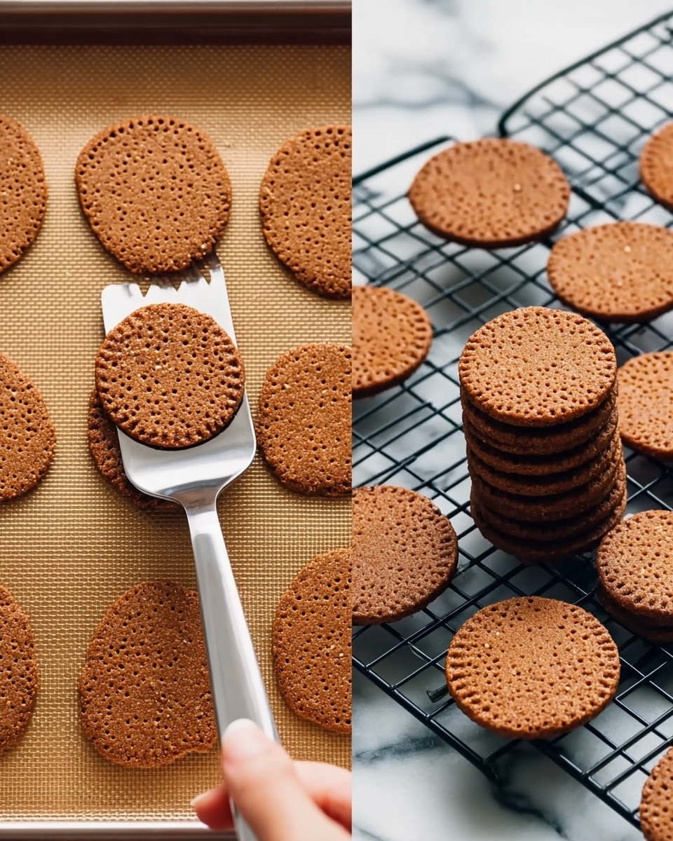 The image shows two views of small, round brown cookies with a slightly rough texture and tiny holes on their surface. On the left side, a woman's hand uses a silver spatula to lift one cookie from a baking sheet with a brown silicone mat. On the right side, many cookies are spread out on a black cooling rack placed on a white marbled surface. The cookies have a uniform size and color, with some stacked on top of each other. Photo taken with an iphone --ar 4:5 --v 7