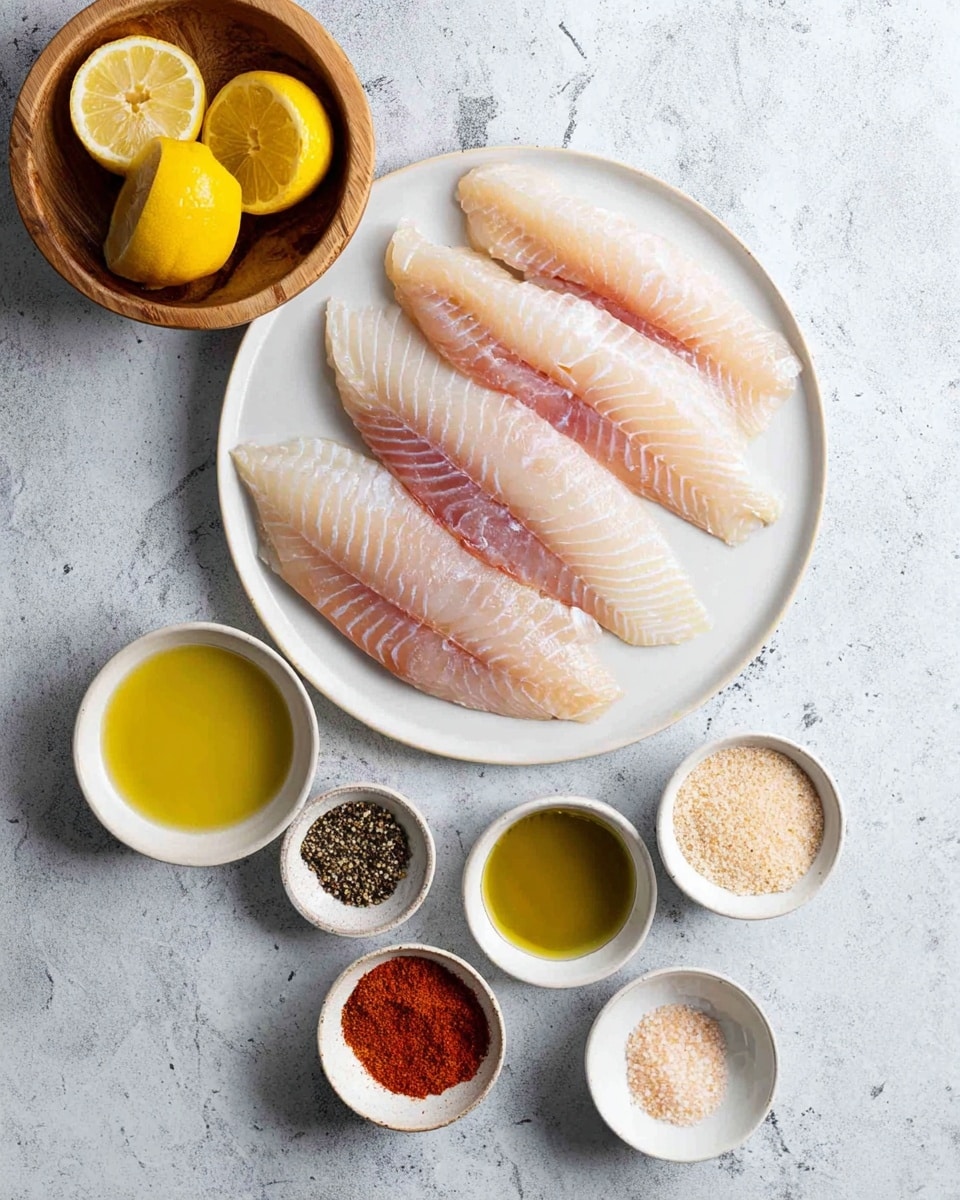 Five raw fish fillets with light pink and white shades are laid overlapping on a round white plate placed on a white marbled surface. Below the plate are six small white bowls arranged loosely, containing golden yellow oil, coarse salt, a light beige powder, a mix of black and red pepper, and a bright orange-red spice. A wooden bowl filled with lemon wedges is also visible on the left side of the image. photo taken with an iphone --ar 4:5 --v 7