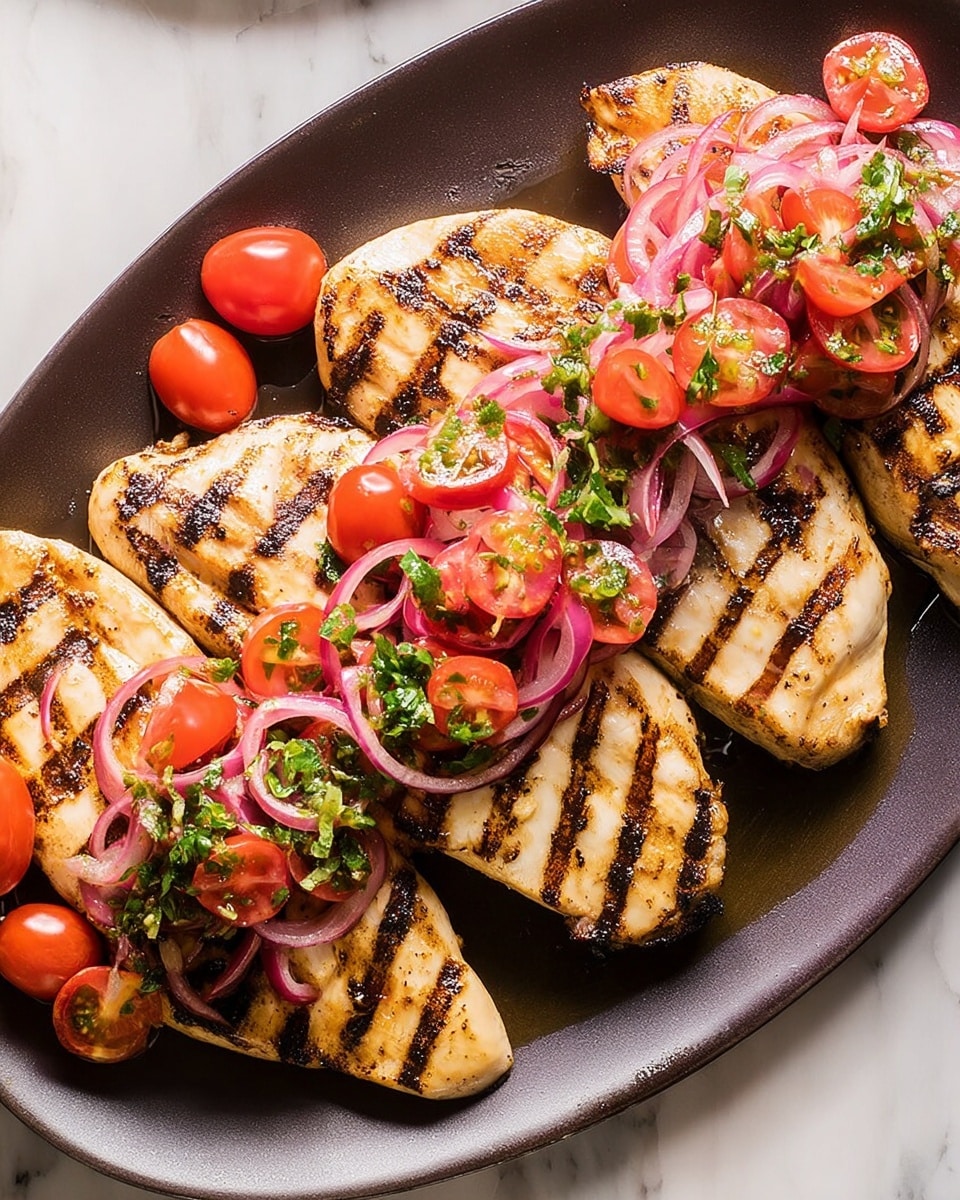 The dish shows five grilled chicken fillets with clear dark grill marks, arranged side by side on a dark oval plate. On top of the fillets is a layer of thinly sliced red onions mixed with small bright red cherry tomatoes and green herbs, adding a fresh colorful touch. The plate sits on a white marbled surface, creating a clean and bright background. photo taken with an iphone --ar 4:5 --v 7