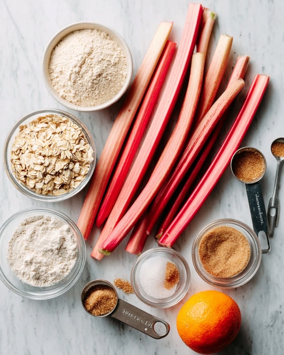 The image shows several long, pinkish-red rhubarb stalks arranged neatly on a white marbled surface. Around them are clear glass bowls and metal measuring spoons containing different dry ingredients: a bowl of white flour, light brown sugar, light beige rolled oats, a smaller bowl of white granulated sugar, a small bowl with cinnamon powder, and measuring spoons holding salt and brown sugar. At the bottom right of the image, part of an orange is visible. photo taken with an iphone --ar 4:5 --v 7