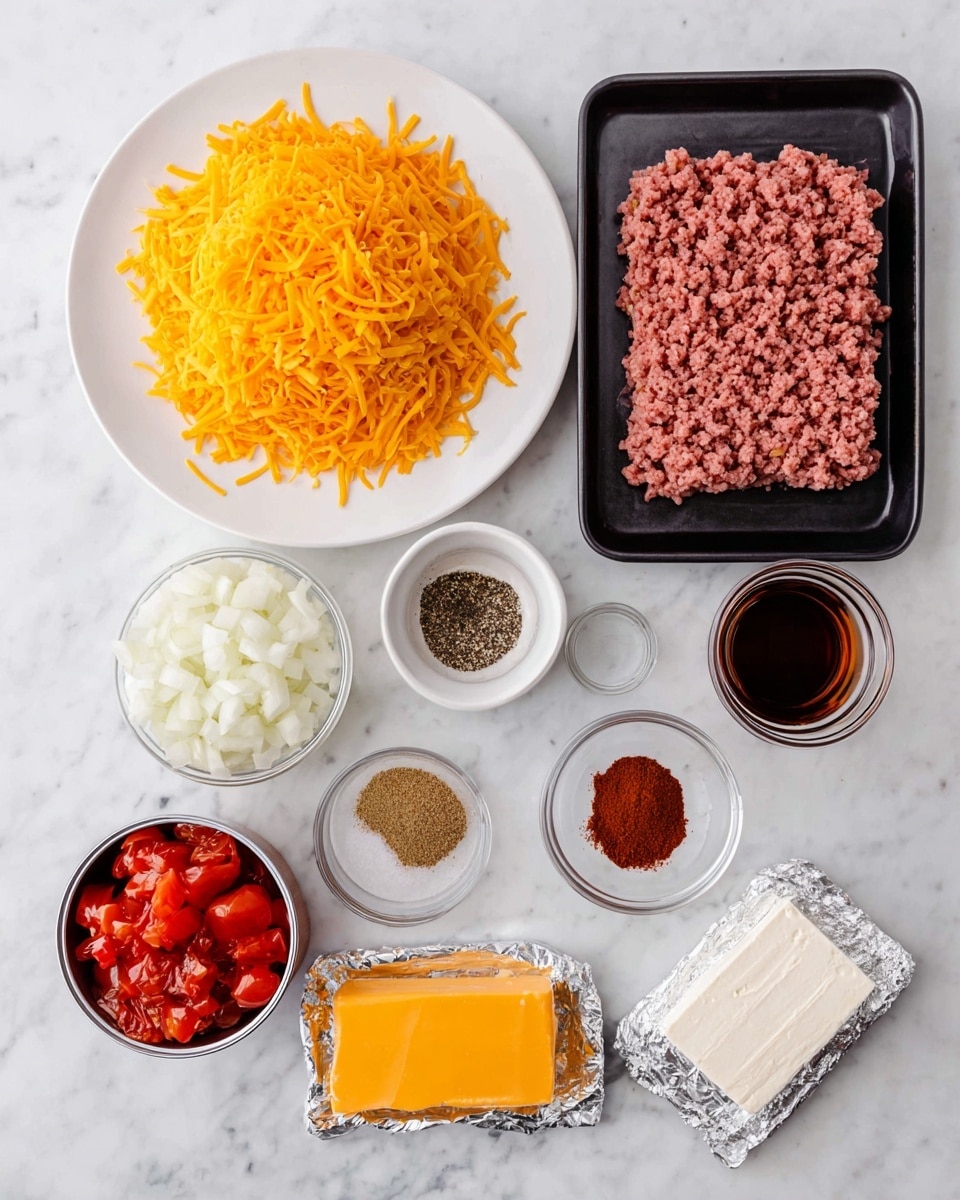 The image shows various ingredients laid out on a white marbled surface, including a large mound of shredded bright orange cheddar cheese on a white plate to the left, a black tray of ground pink meat at the top right, a white bowl with small piles of black pepper and light brown garlic powder near the center, a small glass cup filled with dark brown liquid to the right, a white bowl with dark red chili powder below it, a can of diced red tomatoes opened to reveal the contents on the far left, a white bowl filled with chopped white onions just above the center, a second can of diced tomatoes to the left bottom, and a silver wrapped block of cream cheese near the bottom center. Photo taken with an iphone --ar 4:5 --v 7