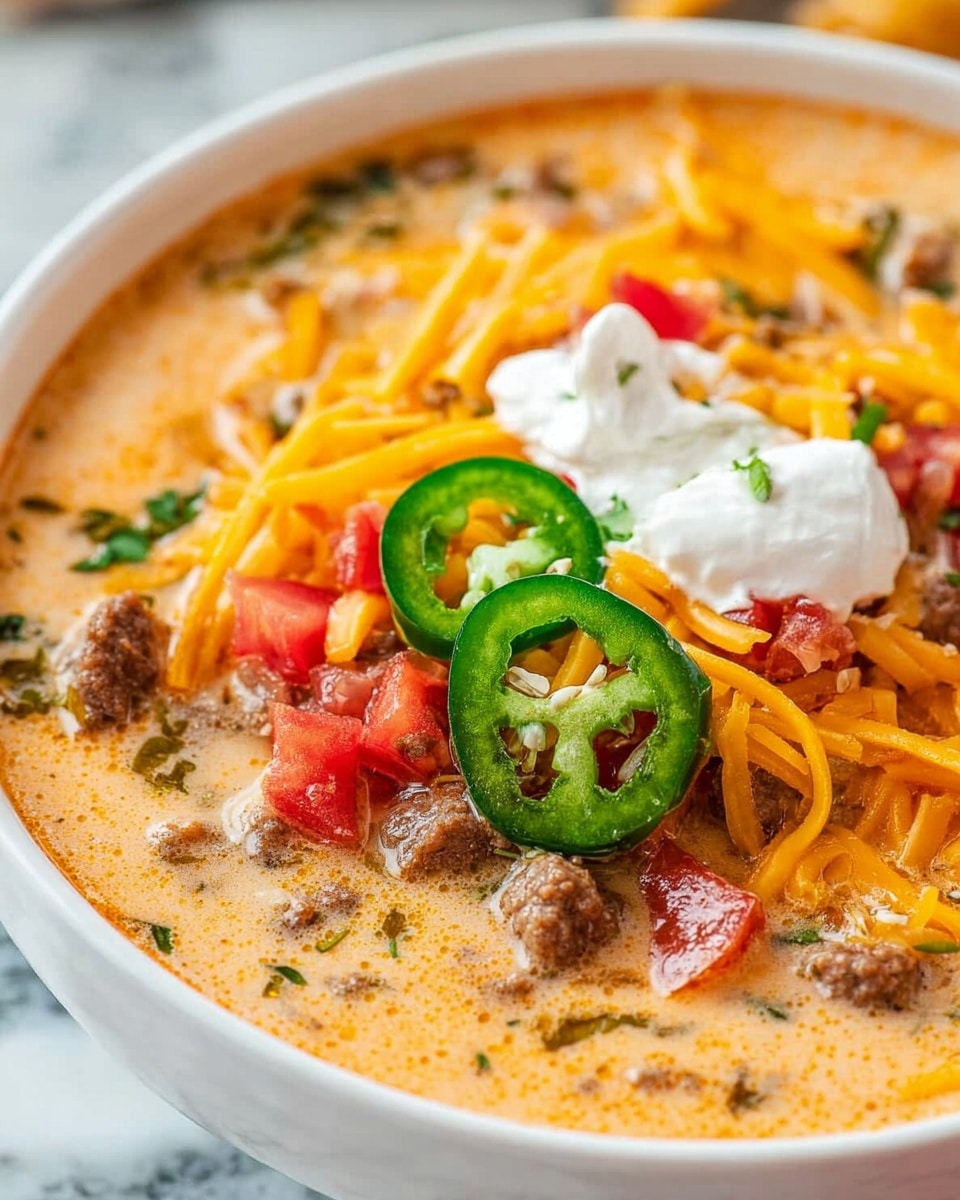 A close-up of a bowl of creamy cheese soup with a smooth light orange base, filled with small chunks of browned meat and bits of green herbs. On top, there is a layer of shredded orange cheddar cheese, scattered diced red tomatoes, three green jalapeño slices, and dollops of white sour cream. The bowl is white and sitting on a white marbled surface. Photo taken with an iphone --ar 4:5 --v 7