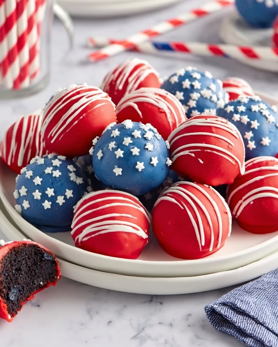The image shows a white plate filled with round treats coated in smooth red and blue coatings. The red-coated treats have thin, white stripes wrapping around them evenly. The blue-coated treats are decorated with tiny white star-shaped sprinkles on the surface. The plate sits on a white marbled surface with some red, white, and blue straws nearby. One treat is broken in half beside the plate, showing its dark crumb inside. The overall look is colorful and festive. Photo taken with an iphone --ar 4:5 --v 7