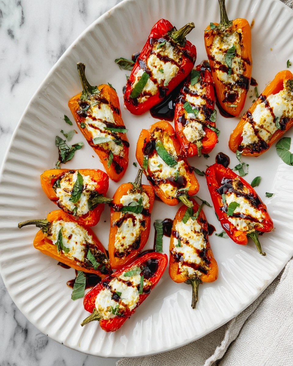 A white plate with ridged edges holds about fifteen small red and orange mini peppers halved and filled with a creamy white cheese layer, topped with dark balsamic glaze drizzles and small green fresh herb leaves scattered on and around the peppers. The peppers have a slightly roasted texture with some charred spots, and the glaze forms thin shiny dark lines. The plate sits on a white marbled surface with part of a white cloth visible at the bottom right. photo taken with an iphone --ar 4:5 --v 7