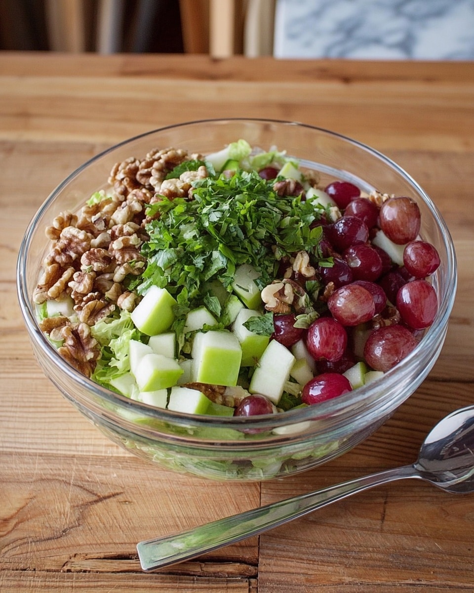 A clear glass bowl sits on a wooden table, filled with three visible layers of fresh salad ingredients. The bottom layer shows small red grape halves, topped with a middle layer of small green and white cube pieces of apple. On the top layer, there are chopped walnuts on one side and finely chopped green leafy herbs on the other side. A silver spoon lies next to the bowl on the table. The setting includes a wooden background and a white marbled texture surface. Photo taken with an iphone --ar 4:5 --v 7