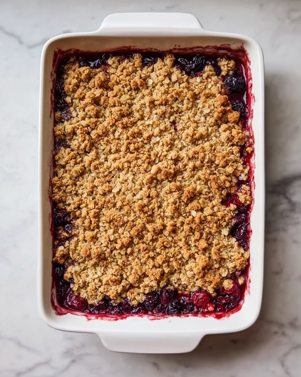 A white rectangular baking dish is filled with a fruit crumble dessert. The bottom layer is a thick, dark red and purple fruit filling, slightly bubbling at the edges. On top, there is a golden-brown oat crumble layer, rough and crunchy in texture, covering the whole surface evenly. The dish sits on a white marbled surface. photo taken with an iphone --ar 4:5 --v 7