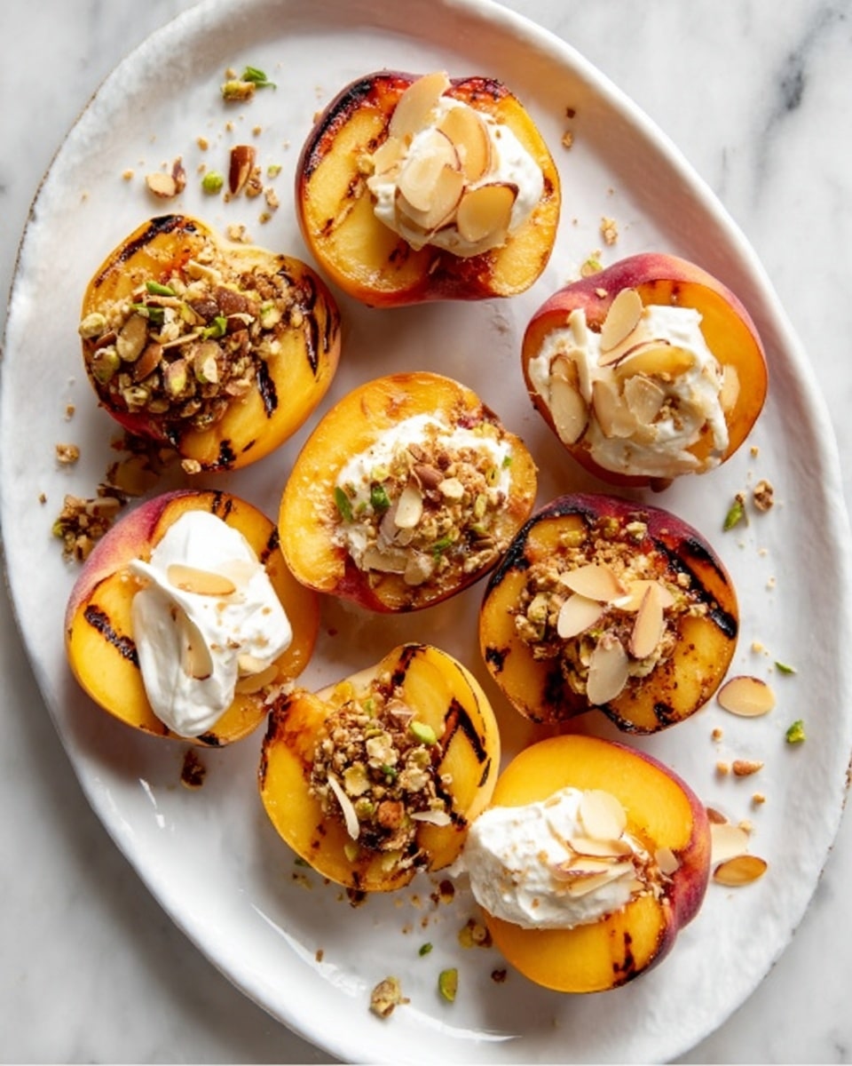 A white oval plate sitting on a white marbled surface holds eight peach halves grilled with clear char lines, arranged in a loose circle. Each peach half is topped with different layers: some have a creamy white topping with smooth texture, others are sprinkled with chopped nuts or granola for a rough texture, and one has thin almond slices on top. The peach skin is a soft orange with touches of red, contrasting with the creamy and crunchy toppings. The overall look is colorful and fresh, with a mix of smooth, crunchy, and juicy layers. Photo taken with an iphone --ar 4:5 --v 7