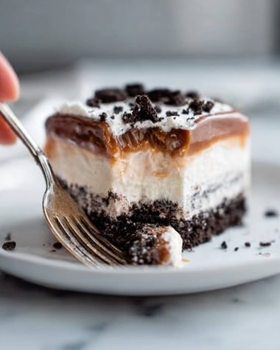 This dish is in a clear rectangular glass dish filled with a base layer of white creamy texture topped with swirls of dark brown sauce creating a marbled pattern across the surface. On top, there are unevenly placed pieces of crushed dark cookies with white filling visible, adding a textured contrast. The creamy white and dark brown swirls blend smoothly but with visible ripple effects. The setting has a white marbled texture as the surface. Photo taken with an iphone --ar 4:5 --v 7