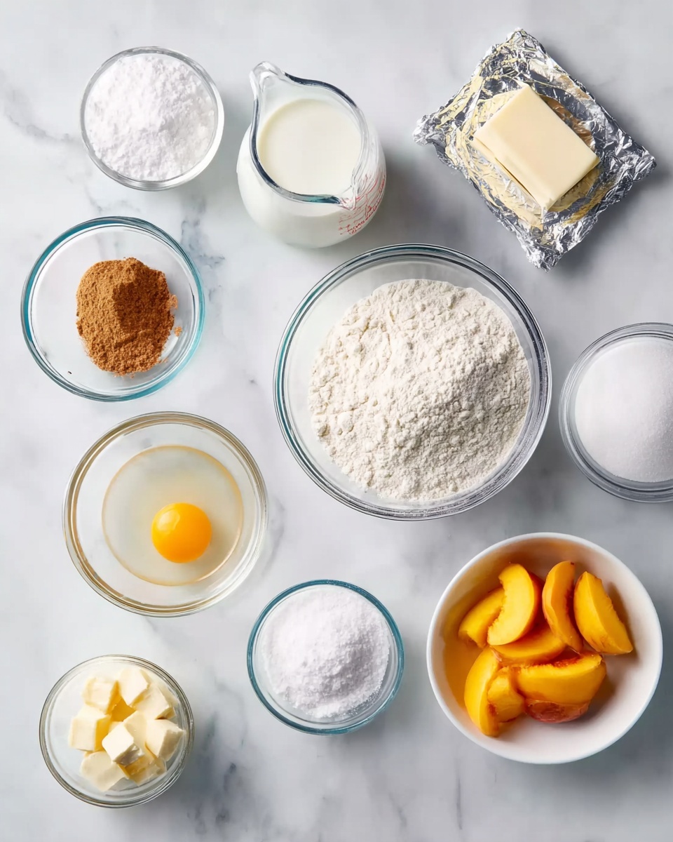 The image shows several clear glass bowls and a glass measuring cup arranged on a white marbled surface. In the center, there is a medium glass bowl filled with white flour. To the right of it, a larger glass bowl contains white granulated sugar. Below the flour bowl, there's a small glass bowl with a single raw egg, showing a bright yellow yolk. Next to the egg, a small glass bowl holds a light brown powder, likely cinnamon. Above the flour, a glass measuring cup is filled with white milk. There is a silver rectangular wrapped block of cream cheese near the top right. To the left of the flour, a small glass bowl contains white powdered sugar. Below that, a smaller glass bowl has a chunk of pale yellow butter. Above and to the left, another glass bowl holds a soft white powder, probably almond flour. A small glass bowl near the bottom left holds white baking powder, next to another small bowl with a bit of salt. At the bottom right, a white bowl contains bright yellow and orange slices of canned peaches. photo taken with an iphone --ar 4:5 --v 7