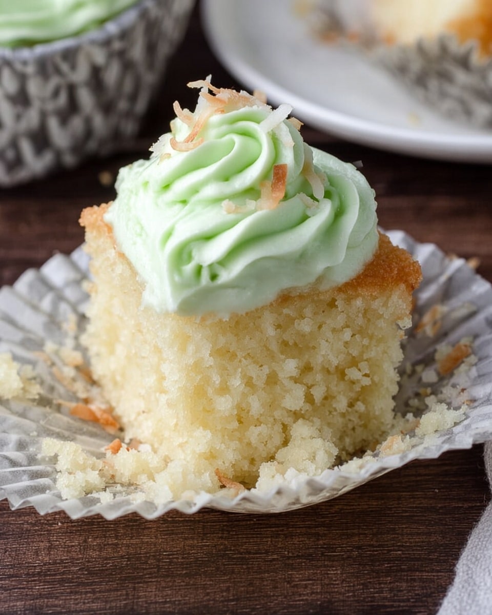 The image shows a close-up of a small square piece of light yellow cake with a soft and crumbly texture. The cake sits on top of a swirl of pale green frosting that looks creamy and smooth. The frosting has small bits of toasted coconut scattered on it. In the background, there is a white cupcake liner with a grey pattern and a white plate with a cut cupcake, all resting on a dark wooden surface. photo taken with an iphone --ar 4:5 --v 7