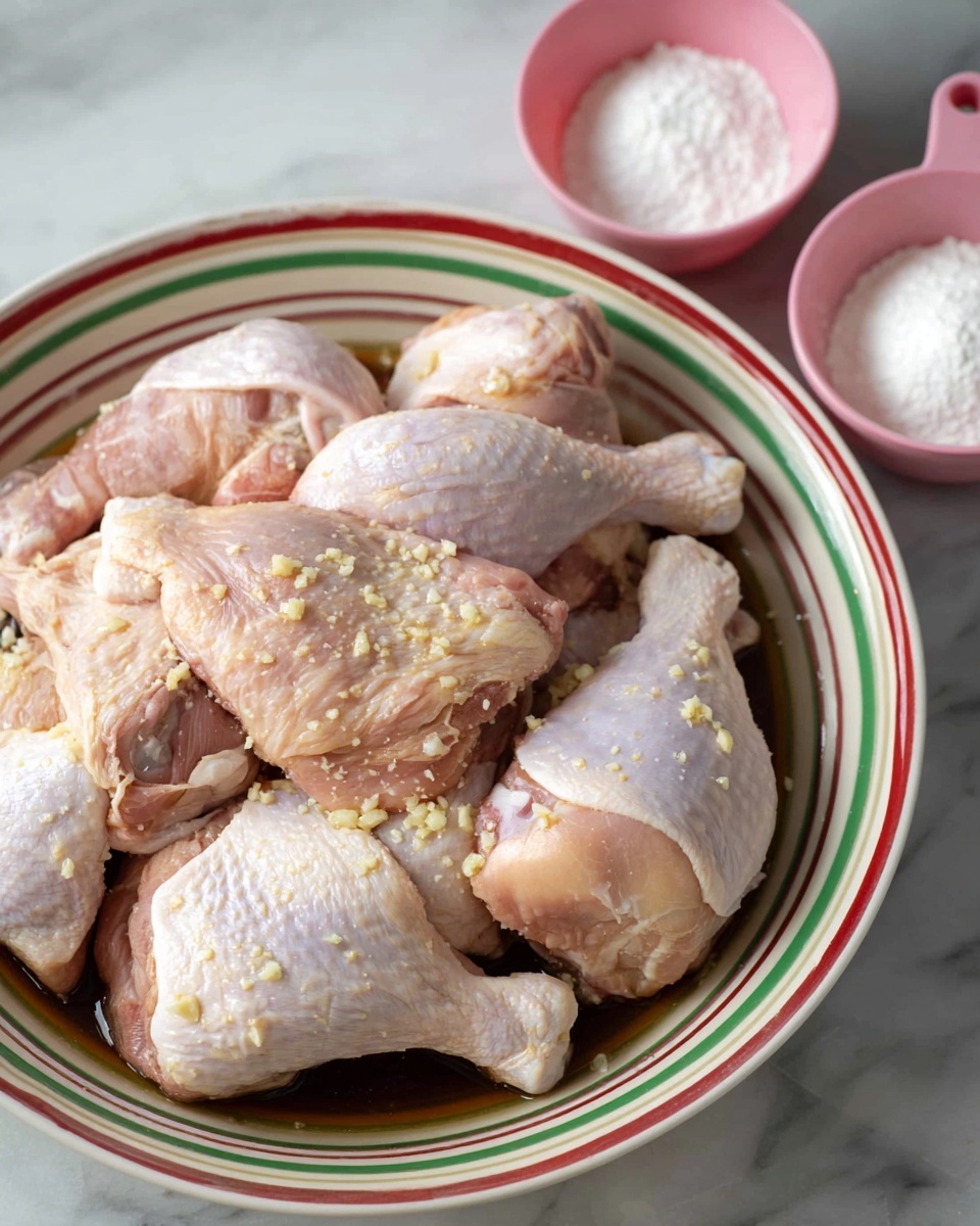 A wide, shallow white plate with red and green stripes holds several pieces of raw chicken with skin on, arranged closely together. The chicken pieces are light pink with some pale yellow and white skin areas, showing a slightly wet texture with small bits of minced garlic sprinkled on them. The chicken rests in a dark marinade at the bottom of the plate. Behind the plate, two pink measuring cups contain white powders, set on a surface with a white marbled texture. The composition is simple and clear, focusing on the chicken and ingredients. photo taken with an iphone --ar 4:5 --v 7