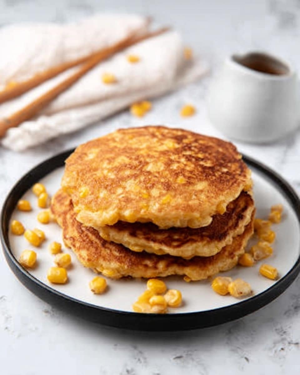 Three golden brown pancakes stacked slightly overlapping on a white plate, with a few corn kernels scattered on and around the pancakes. The plate rests on a white marbled surface. In the background, there are wooden chopsticks on a white napkin to the left and a small pitcher with light syrup or sauce on the right. The pancakes have a crispy texture with some darker spots and an uneven surface showing corn inside. Photo taken with an iphone --ar 4:5 --v 7