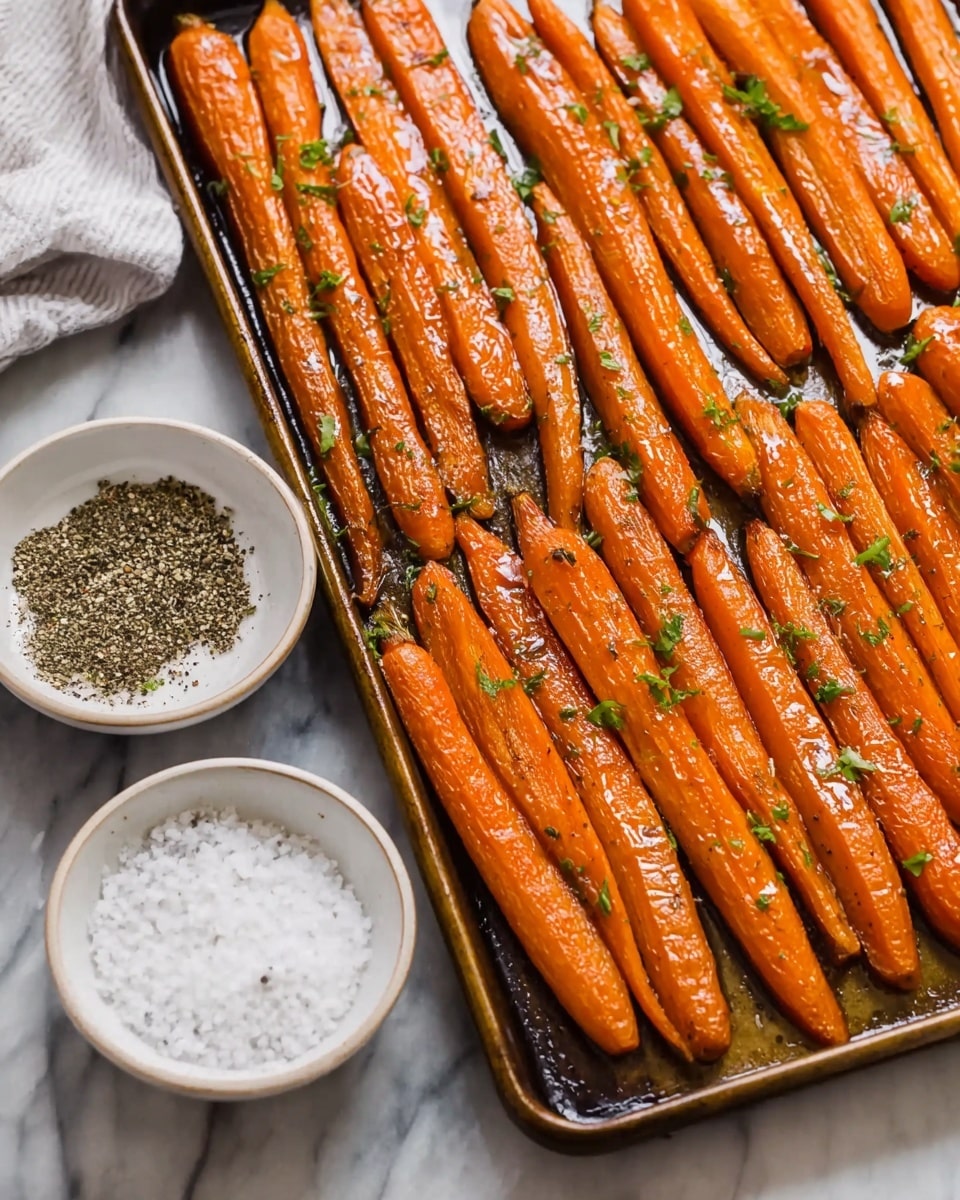 The image shows many cooked carrots laid out in neat rows on a baking tray. Each carrot is cut lengthwise in half, showing a glossy orange color with slight browning edges and some green herb bits sprinkled on top. Next to the tray are two small white bowls; one filled with coarse white salt and the other with ground black pepper. The whole setup is on a white marbled surface. The photo taken with an iphone --ar 4:5 --v 7