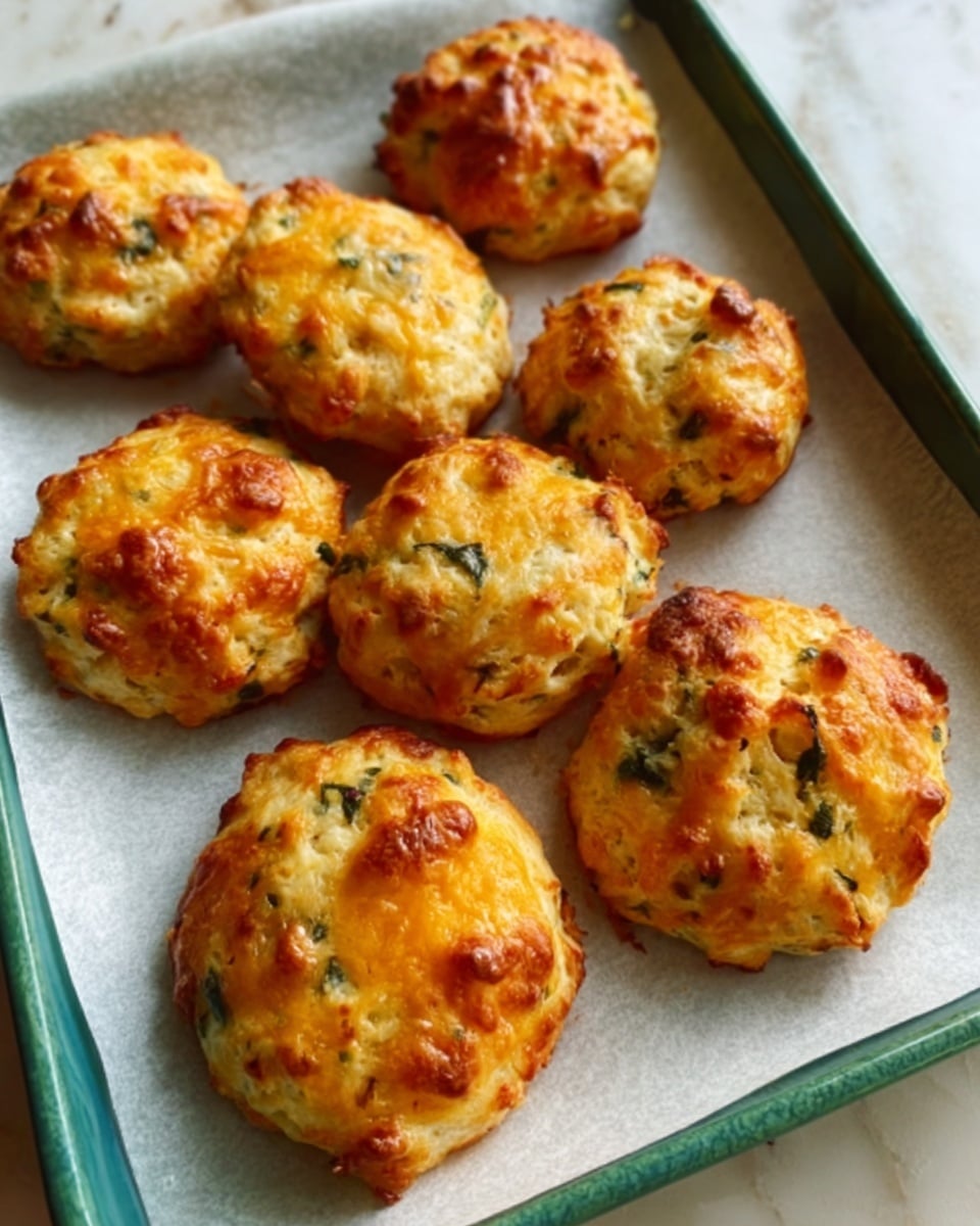Eight small round cheesy biscuits with golden tops are placed on a white tray with a green edge. Each biscuit has a rough, bumpy texture with visible bits of green herbs and melted cheese pockets. The biscuits have slightly uneven shapes, showing a homemade look. The tray rests on a white marbled surface, enhancing the warm color of the biscuits. photo taken with an iphone --ar 4:5 --v 7