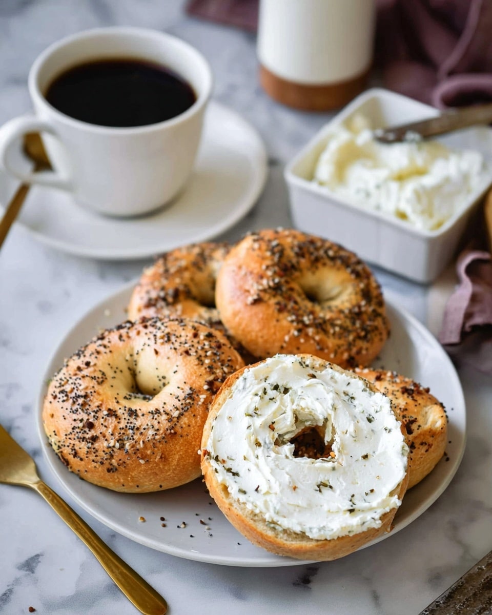 The image shows a close-up of three everything bagels, one of which is open and spread with a thick, white cream cheese that has small herb specks. The bagels have a golden brown, slightly textured crust with visible seeds and seasoning on top. They sit on a white round plate, placed on a white marbled surface. Nearby, there is a white cup filled with dark black coffee resting on a white saucer with a gold spoon beside it. In the background, part of a white jar with a wooden lid is seen, along with a square white dish holding more cream cheese and a rustic silver butter knife with cream cheese on its blade. Photo taken with an iphone --ar 4:5 --v 7