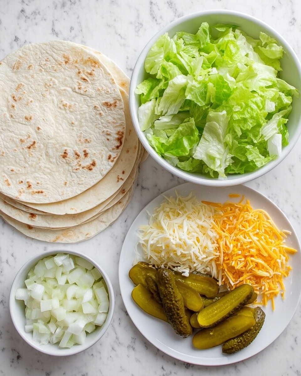 The image shows a top view of several food items on a white marbled surface. There are about five white tortillas stacked on the top left. Below the tortillas is a white bowl filled with chopped green lettuce. On the right side, there is a white plate with two sections: the top section has sliced pickles and whole pickle slices, and the bottom section has a mix of shredded yellow and white cheese. Above this plate, a small white bowl contains finely chopped white onions. Photo taken with an iphone --ar 4:5 --v 7