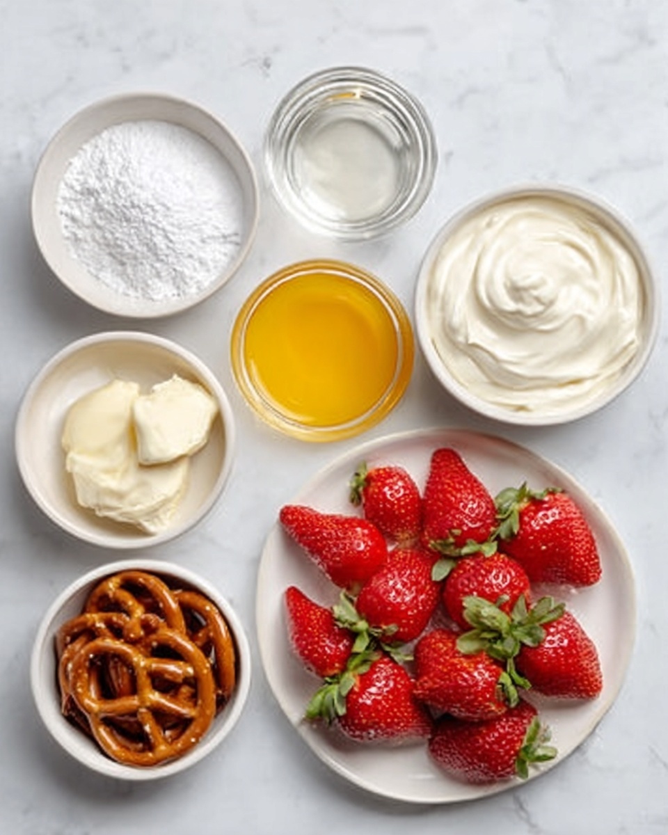 The image shows seven small white bowls and plates arranged on a white marbled surface. One bowl has white powdered sugar, another holds clear water, and a third contains white sour cream with a creamy texture. There is a larger bowl filled with smooth, thick white cream placed near the upper right side. A small bowl with bright yellow melted butter is near the center. A white plate on the lower right is filled with fresh, red strawberries with green leaves. Another small white bowl, located at the lower left, is filled with pretzels that have a shiny brown surface and salted texture. Photo taken with an iphone --ar 4:5 --v 7