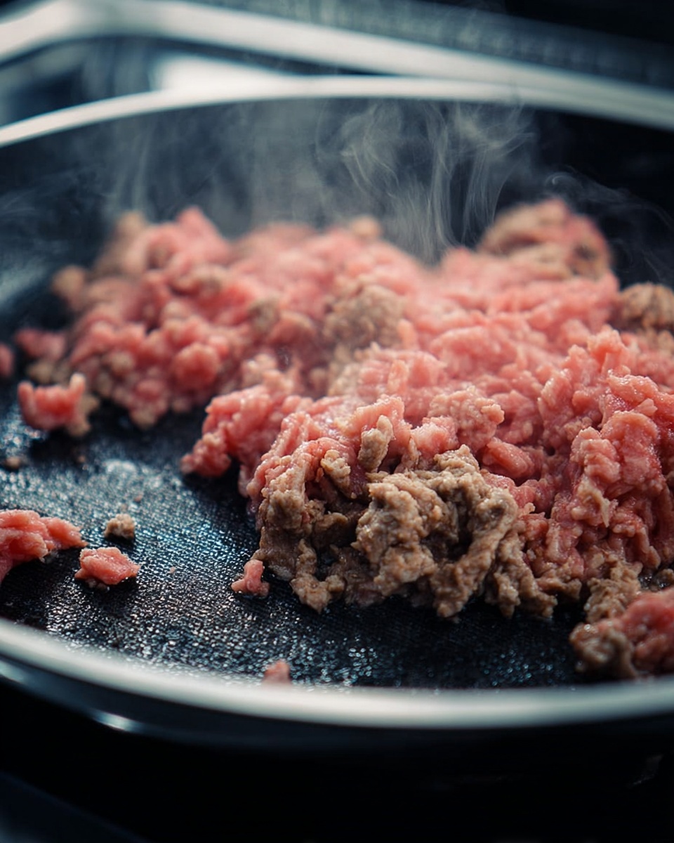 A close-up view of a black pan with raw and partially cooked ground meat inside, showing a mix of pink-red raw pieces and light brown cooked pieces scattered unevenly across the pan's textured black surface, with some steam rising gently. The pan sits on a cooking stove with a shiny black base. photo taken with an iphone --ar 4:5 --v 7