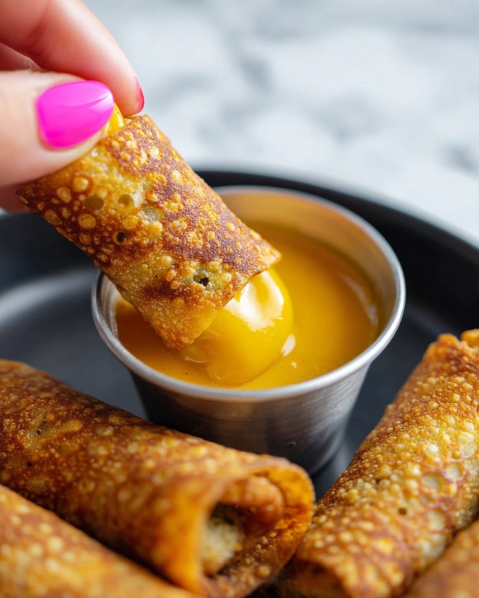 A close-up view shows a crispy, golden-brown rolled snack being dipped into a thick, bright orange-yellow sauce inside a small metal cup. The snack has a bubbled, textured surface with light and darker brown spots. The cup sits on a black plate holding similar snacks with the same golden, crispy texture. A woman's hand with pink-painted nails is gently holding the snack while dipping it. The background features a soft, white marbled surface. photo taken with an iphone --ar 4:5 --v 7