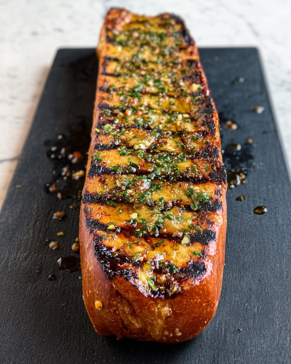 A long, grilled loaf of bread sits on a black cutting board with grill marks running across its top surface. The bread has a golden-brown crust with slightly charred edges and a glossy layer of melted garlic butter mixed with chopped green herbs spread over the top. Small bits of garlic and herbs are embedded in the surface, giving it a textured look with some darker grilled spots. Droplets of oil can be seen around the bread. The cutting board rests on a white marbled textured surface. photo taken with an iphone --ar 4:5 --v 7