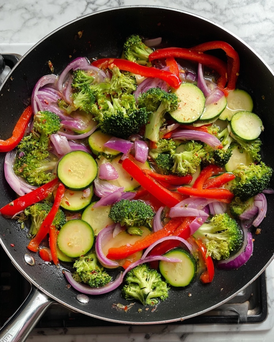 A black frying pan filled with a colorful mix of fresh vegetables cooking on a stove. The vegetables include green broccoli florets scattered in the center and around the pan, bright red bell pepper strips placed mainly near the top and middle, round green zucchini slices with pale centers spread evenly, and thin rings of purple-red onion layered across the vegetables. The shiny texture of the vegetables shows they are lightly cooked with some steam rising. The pan handle is silver, and the background is a white marbled texture. photo taken with an iphone --ar 4:5 --v 7