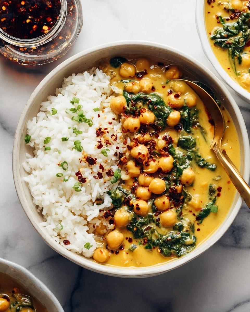 A white bowl filled with two main layers: on one side, fluffy white rice topped with small green herb pieces, and on the other side, a creamy yellow chickpea curry with visible whole chickpeas and dark green spinach leaves mixed in. A reddish-brown chili oil with chili flakes is drizzled over the curry near the center. A gold spoon is partially submerged in the curry side of the bowl. The bowl sits on a white marbled surface with a jar of dark chili oil and another bowl of the same curry visible around it. Photo taken with an iphone --ar 4:5 --v 7