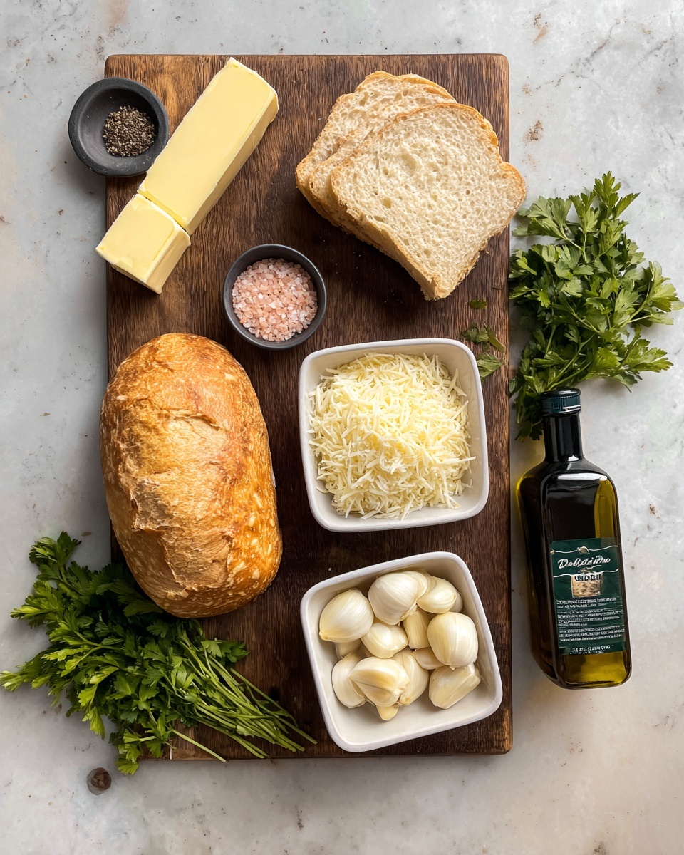 A wooden board holds a loaf of golden brown bread with a crispy crust on the left side. Next to the bread, a small round white bowl sits filled with coarse pink salt. Above that, a square white bowl is full of finely grated pale yellow cheese. Below the cheese, a second square white bowl contains many peeled garlic cloves showing off their smooth, creamy texture. To the left, two sticks of pale yellow butter and a dark green bottle of extra virgin olive oil are slightly tilted. On the right side, sprigs of fresh green parsley lie scattered on the surface. A small black dish near the parsley contains ground black pepper. The whole setup rests on a white marbled surface. Photo taken with an iphone --ar 4:5 --v 7