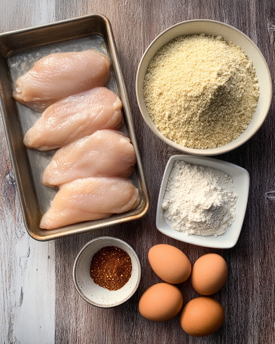 Five raw chicken fillets with light pink smooth texture sit side by side inside a metal tray at the top left, a large white wooden bowl filled with coarse, pale yellow breadcrumbs is at the right, below the tray. A small square white wooden bowl with flour that has a fine white powdery texture is placed below the tray near four brown eggs arranged in a loose group at bottom center with a small round white wooden bowl filled with brownish-red spices below them. All items rest on a dark wood textured surface with a white marbled texture background visible at the edges photo taken with an iphone --ar 4:5 --v 7