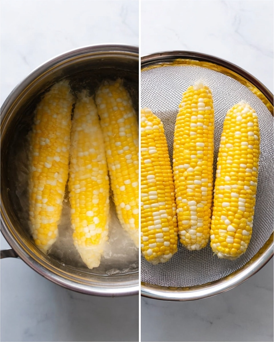 The image shows two side-by-side photos. On the left, four ears of yellow and white corn are boiling in a silver pot with steam rising from the water. The corn is fully covered by clear boiling water inside the pot, which sits on a white marbled surface. On the right, the same four ears of corn are placed inside a silver metal colander, showing their bright yellow and white kernels closely packed together. The colander also sits on the white marbled surface. photo taken with an iphone --ar 4:5 --v 7