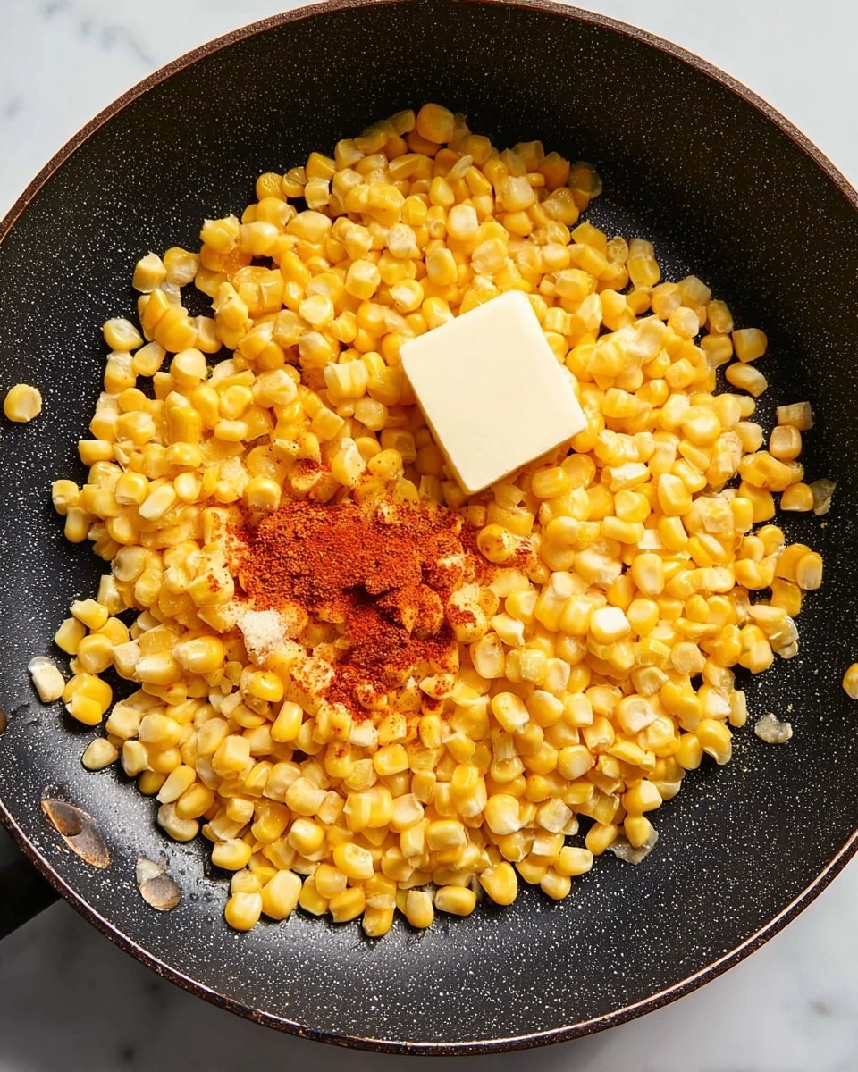 A black frying pan with a speckled texture holds a large pile of bright yellow corn kernels spread all over the surface. On top of the corn, near the center, is a small square block of pale yellow butter, and scattered nearby is a small pile of reddish-orange powder, likely paprika or chili powder. The pan sits on a white marbled surface. photo taken with an iphone --ar 4:5 --v 7