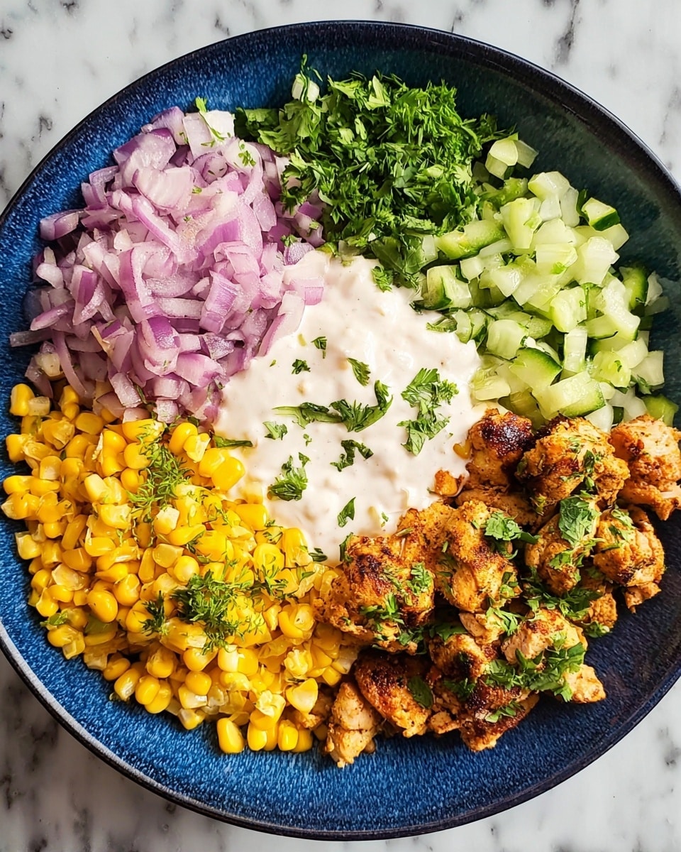 A blue plate holds a colorful meal arranged in six sections: bright yellow corn with green cilantro sprinkled on top at the bottom, golden-brown cooked chicken pieces with herbs to the right, finely chopped light green pickles with some cilantro near the chicken, a dollop of creamy white sauce in the center topped with cilantro, finely chopped purple onions above the sauce, and fresh chopped green cucumbers with cilantro to the left. The plate is set on a white marbled surface. photo taken with an iphone --ar 4:5 --v 7