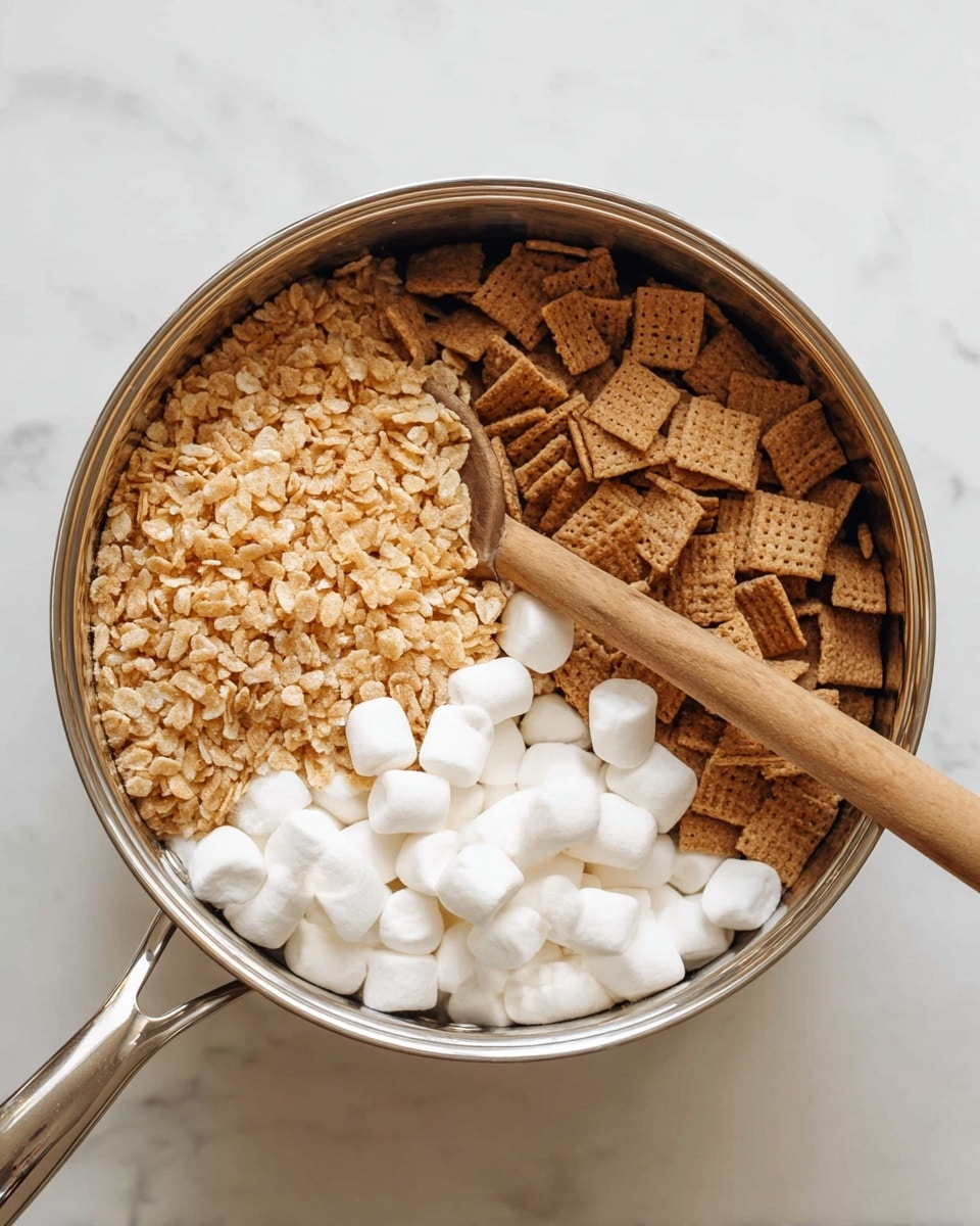 A shiny silver pot sits on a white marbled surface, filled with three main layers of ingredients. On the left side, there is a golden tan layer of puffed rice cereal with a light texture. On the top right, a cluster of square, light brown cereal pieces with a woven texture fills the space. The bottom right is covered by a group of small, smooth white marshmallows. A wooden spoon rests inside the pot with the handle extending out, touching the marshmallows, ready to mix the ingredients. photo taken with an iphone --ar 4:5 --v 7