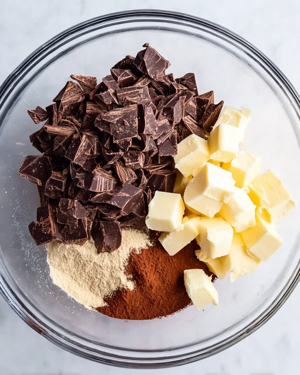 A clear glass bowl on a white marbled surface holds four separate piles of ingredients: dark brown chopped chocolate pieces on the top left, light yellow cubes of butter on the right, a small mound of fine light brown cinnamon powder below the chocolate, and a little darker brown cocoa powder near the butter. The textures vary from solid chunks to fine powders, all resting distinctly in the bowl. photo taken with an iphone --ar 4:5 --v 7