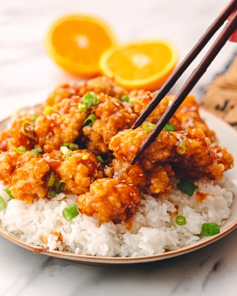The image shows a white plate filled with steamed white rice at the base, topped with several pieces of crispy golden-brown fried chicken coated in a sticky orange sauce. Small green chopped scallions are sprinkled over the chicken for a fresh contrast. In the background, there are a few bright orange slices placed behind the plate. A woman's hand holding dark brown chopsticks is picking up one piece of chicken. The whole setup is placed on a white marbled surface. photo taken with an iphone --ar 4:5 --v 7