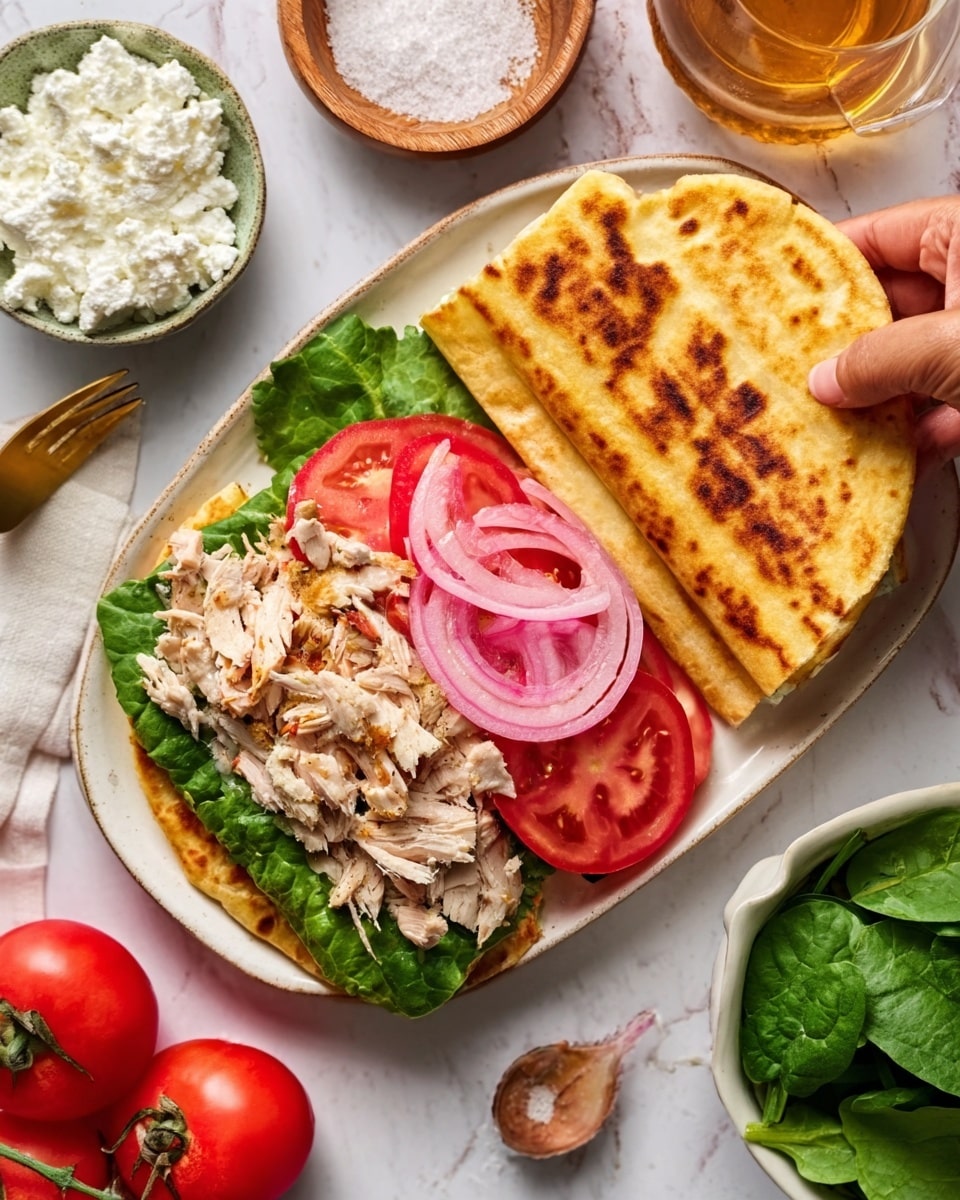 The image shows a white oval plate on a white marbled surface with a sandwich being assembled. The sandwich has three visible layers on one side: a bottom layer of green lettuce leaves, a middle layer of sliced red tomatoes, and a top layer of light-colored cooked chicken pieces mixed with thin slices of pink pickled onions. The other side of the sandwich is a golden brown toasted flatbread, slightly folded and resting on the plate next to the filling. Surrounding the plate are whole red tomatoes, a small bowl of white salt, a bowl of white cottage cheese, and some fresh green spinach leaves. A woman's hand is holding the toasted flatbread, ready to close the sandwich. photo taken with an iphone --ar 4:5 --v 7