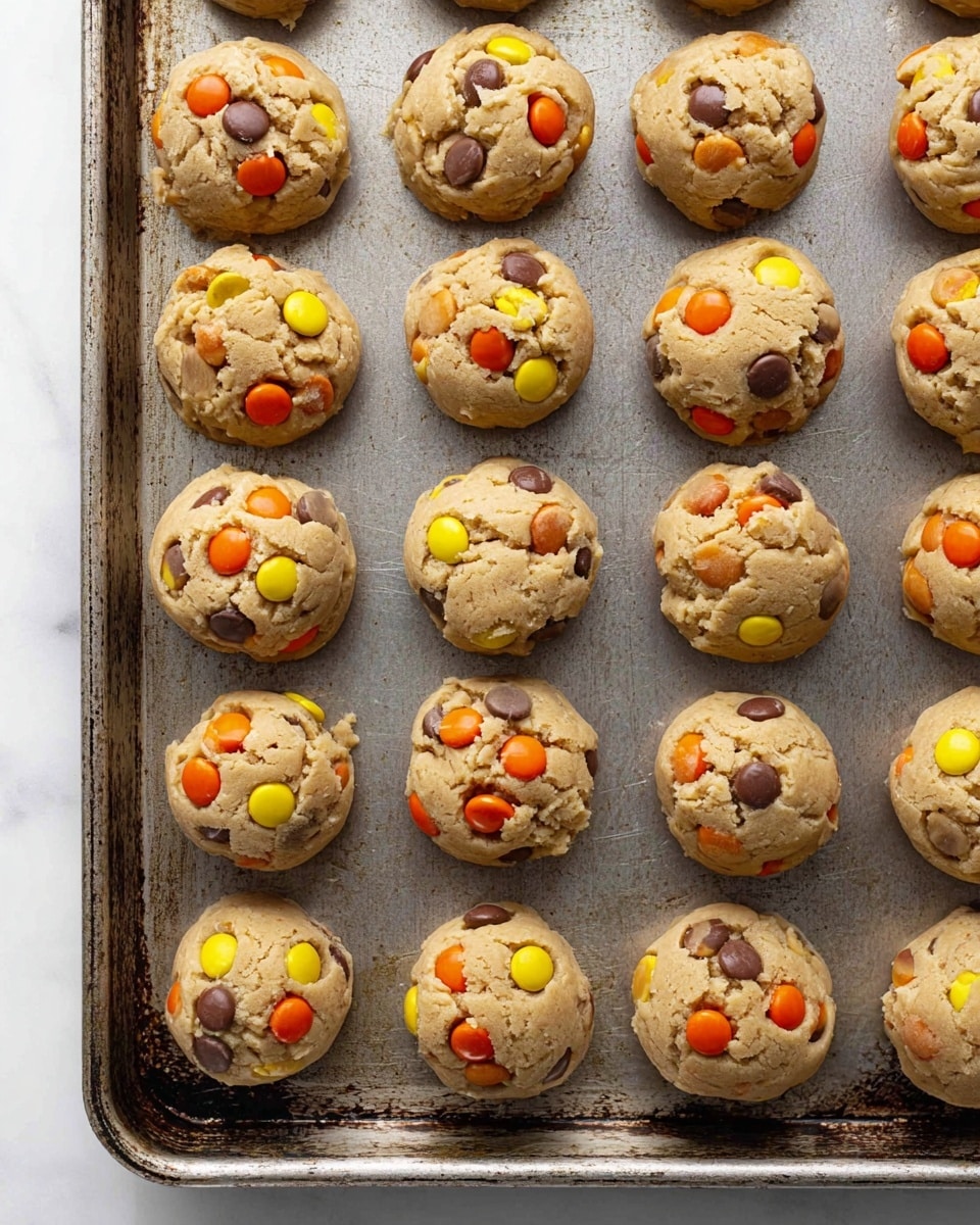 A baking tray filled with four rows of round cookie dough balls, each ball light tan in color with a rough texture, studded generously with colorful candy pieces in shades of orange, yellow, brown, and beige scattered across and embedded within the dough, giving a playful look. The tray has a worn, metallic surface, adding a rustic feel, and the dough balls are spaced closely but not touching, showing slight cracks and soft folds on their tops. The image is clear and bright, taken from above with a white marbled background visible at the edges. photo taken with an iphone --ar 4:5 --v 7