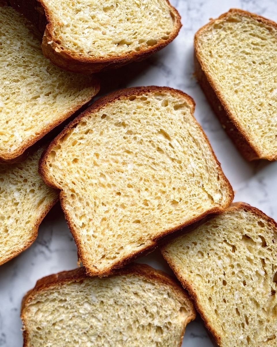 The image shows several slices of bread arranged on a white marbled surface. The bread has a light golden-brown crust with a soft, pale yellow interior that looks fluffy and slightly spongy. The slices are spread out unevenly, some overlapping each other slightly, and the texture of the bread looks moist and fresh. Photo taken with an iphone --ar 4:5 --v 7