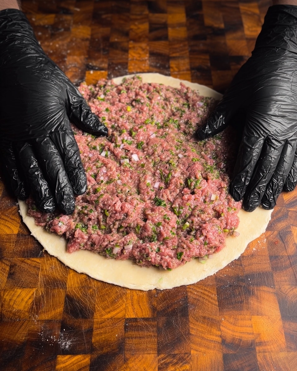 A round flat dough layer at the bottom is evenly covered with a thick layer of raw minced meat mixed with finely chopped green herbs and small bits of onions, showing a pink and green speckled texture. Two black-gloved woman's hands are pressing and spreading the meat mixture over the dough from the top, set on a wooden cutting board with a rich brown pattern underneath. The scene is simple and focused on the preparation process. Photo taken with an iphone --ar 4:5 --v 7