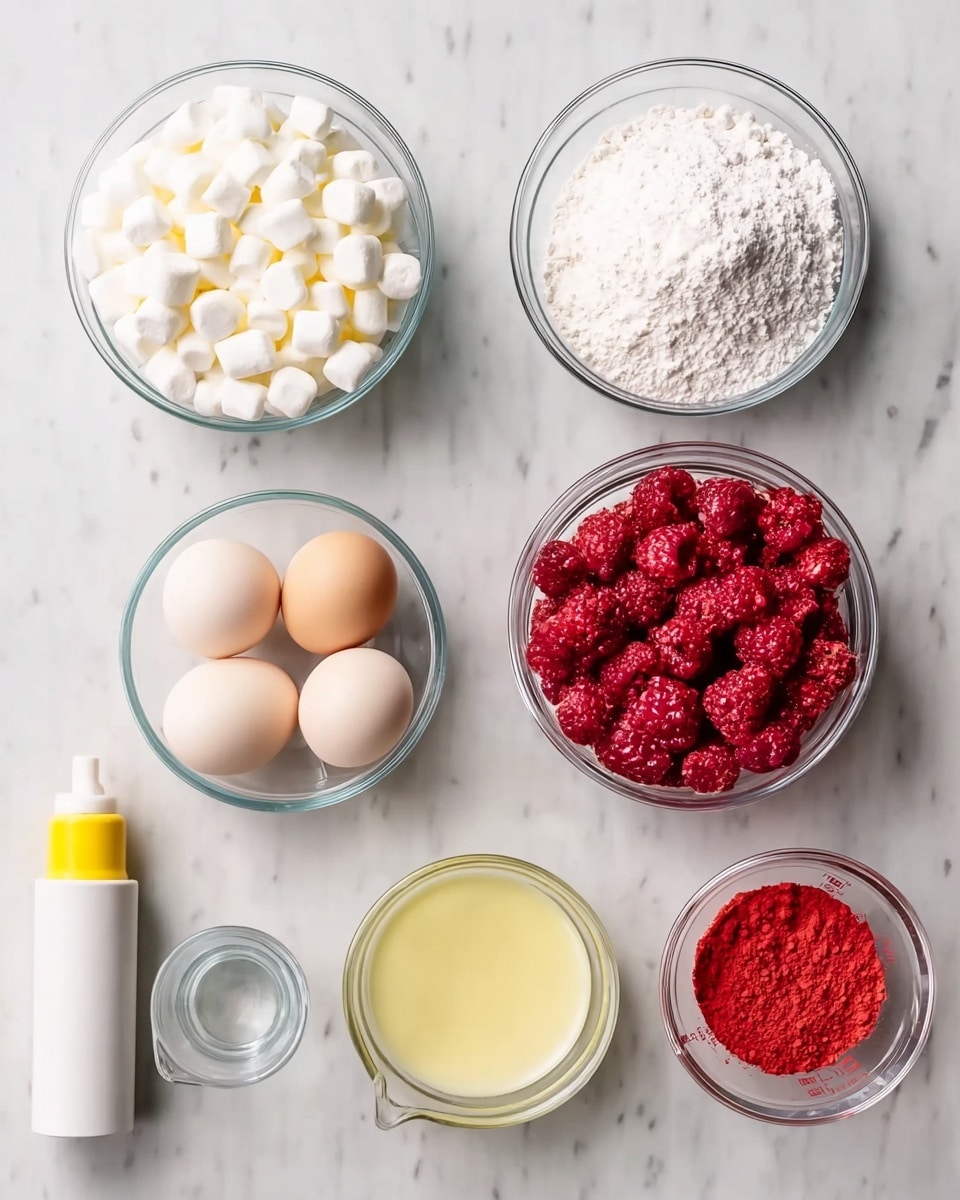 The image shows seven small bowls and containers on a white marbled surface. The top row has three glass bowls: the left bowl is filled with small white marshmallows, the middle bowl contains fine white powder, and the right bowl holds red frozen raspberries. The bottom row includes four containers, from left to right: a white spray can with a yellow cap, a white bowl with three raw eggs, a small clear glass measuring cup with a pale yellow liquid, a small clear glass bowl with clear water, and a small white bowl with red powder. All items are neatly arranged in a grid. photo taken with an iphone --ar 4:5 --v 7