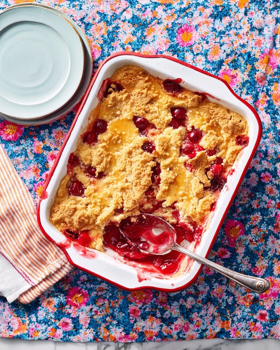 The image shows a square white baking dish with a red rim filled with a baked cherry cobbler. The cobbler has a golden-brown crust with some darker brown spots, and there are bright red cherry spots peeking through the crust in various places. One corner of the dish is scooped out, revealing a thick red cherry filling underneath the crumbly crust. A large silver spoon rests inside the dish, partially covered in the red cherry filling and crust crumbs. The dish sits on a white marbled surface covered with a colorful floral fabric in shades of blue, pink, and orange, and there is a white plate with a light blue edge and a striped cloth napkin partially visible nearby. photo taken with an iphone --ar 4:5 --v 7