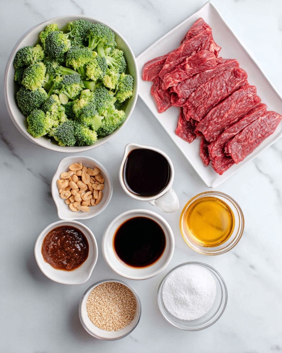 The image shows ingredients neatly arranged on a white marbled surface. There is a white bowl filled with green broccoli florets to the left, and next to it, a white square plate holds strips of raw red beef. Surrounding these are small white bowls with various ingredients: one with a dark reddish-brown sauce, another with light brown crushed peanuts, one with a thick dark sauce, a small one with golden oil, another with white granulated sugar, and one with light tan sesame seeds. A woman's hand pours a dark sauce from a small bowl near the center. The setup is clear and organized, showing all components needed for a dish. photo taken with an iphone --ar 4:5 --v 7