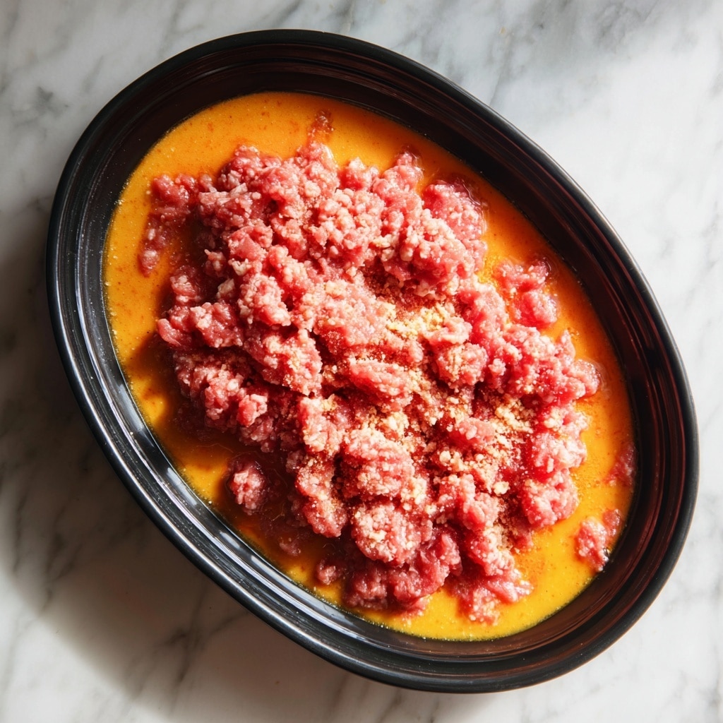 The image shows a black oval bowl placed on a white marbled surface, containing a layer of orange sauce at the bottom, topped with uneven pieces of bright red raw ground meat spread across the sauce. The meat appears soft and fresh, covering most of the sauce layer. A woman's hand is about to hold the bowl from the side. Photo taken with an iphone --ar 4:5 --v 7