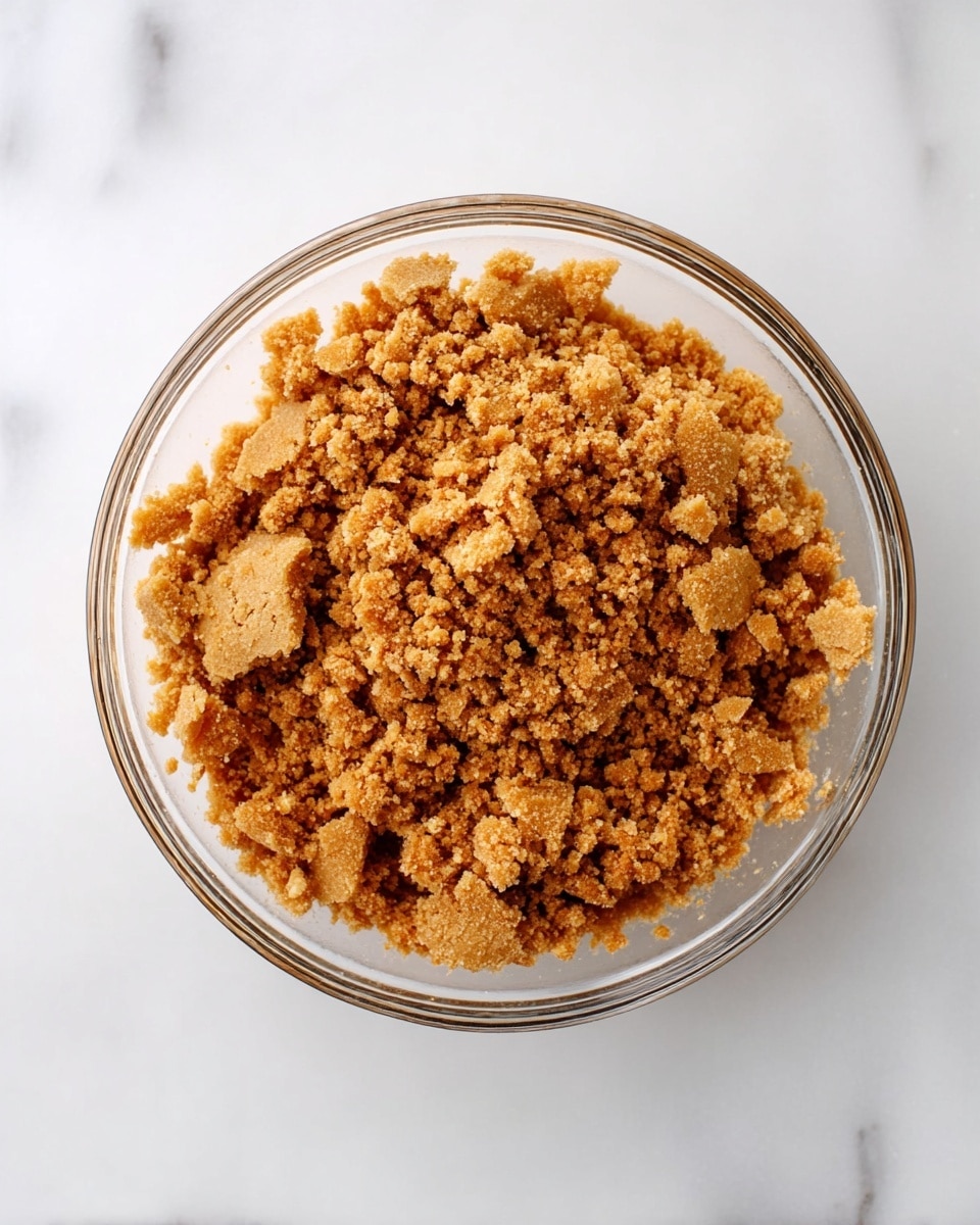 A clear glass bowl filled with a single layer of crushed cookies that are golden brown with a crumbly texture, sitting on a white marbled surface. The cookie pieces vary in size, some larger chunks mixed with smaller crumbs, all tightly packed in the bowl. photo taken with an iphone --ar 4:5 --v 7